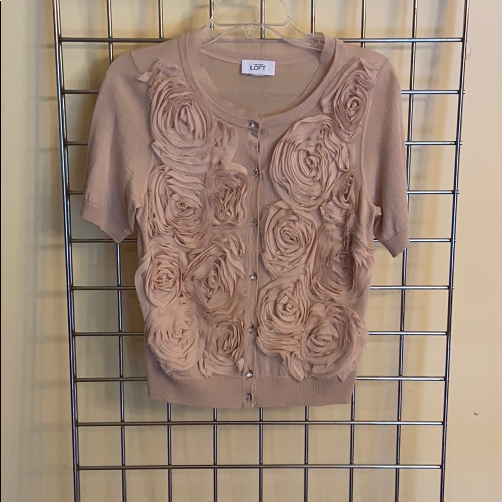 LOFT Floral Appliqué Short-Sleeve Cardigan - Blush